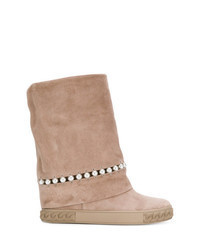 Tan Embellished Suede Wedge Ankle Boots