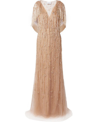 Marchesa Cape Effect Embellished Tulle Gown