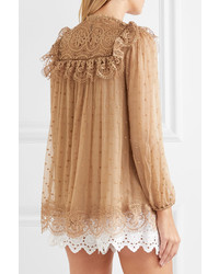 Zimmermann Meridian Circle Lace Paneled Embroidered Silk Crepon Blouse Camel