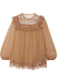 Zimmermann Meridian Circle Lace Paneled Embroidered Silk Crepon Blouse Camel