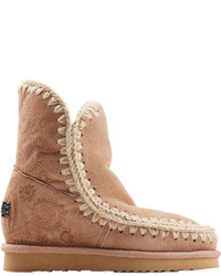 Mou Eskimo Wedge Short Sheepskin Boots With Embroidery