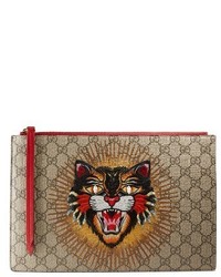 Gucci Embroidered Angry Cat Gg Supreme Zip Pouch Beige