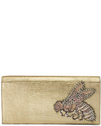 Gucci Broadway Embroidered Lizard Clutch Bag Gold