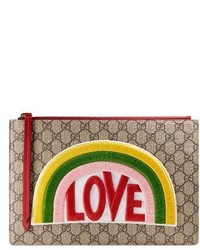 Gucci Embroidered Love Patch Gg Supreme Zip Pouch Beige