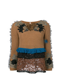 Tan Embroidered Crew-neck Sweater