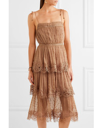 Zimmermann Meridian Circle Lace Trimmed Embroidered Silk Georgette Dress Camel