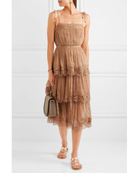 Zimmermann Meridian Circle Lace Trimmed Embroidered Silk Georgette Dress Camel