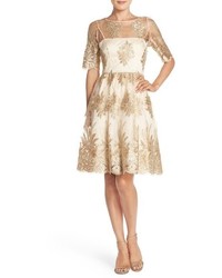 Tan Embroidered Lace Fit and Flare Dress