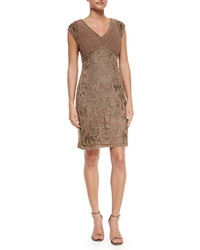 Sue Wong Cap Sleeve Embroidered Sheath Cocktail Dress
