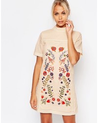 Tan Embroidered Shift Dress