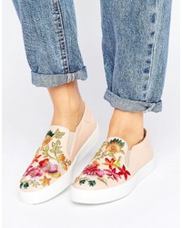 Tan Embroidered Slip-on Sneakers