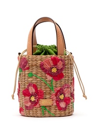 Tan Embroidered Straw Bucket Bag