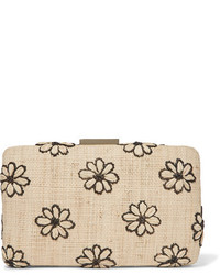 Kayu Daisy Embroidered Woven Straw Clutch Beige