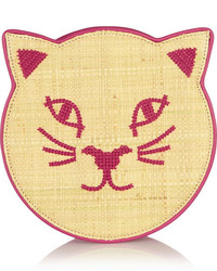 Charlotte Olympia Pussycat Embroidered Raffia And Leather Shoulder Bag
