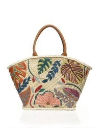 Tan Embroidered Straw Tote Bag