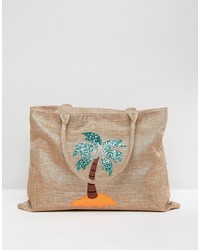 Chateau Palm Tree Embroidered Straw Bag With Tassles