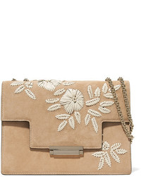 AERIN Rin Embroidered Suede And Leather Shoulder Bag Beige