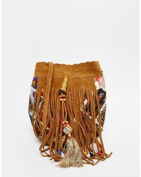 Tan Embroidered Suede Bucket Bag