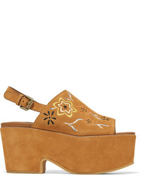 See by Chloe See By Chlo Embroidered Suede Platform Sandals Tan