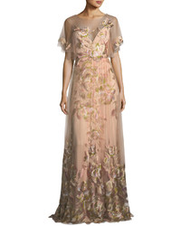 Marchesa Notte Embroidered Tulle Flutter Sleeve Evening Gown