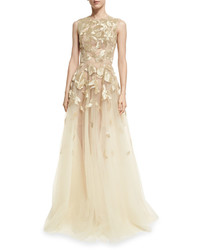 Oscar de la Renta Sleeveless Wire Embroidered Tulle Gown