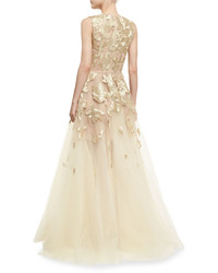 Oscar de la Renta Sleeveless Wire Embroidered Tulle Gown