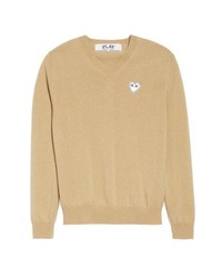 Comme Des Garcons Play White Heart Wool V Neck Sweater