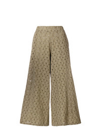 Tan Embroidered Wide Leg Pants