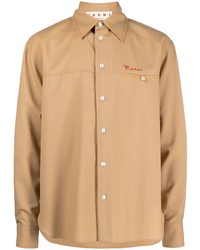 Tan Embroidered Wool Long Sleeve Shirt