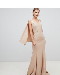 Yaura Plunge Front Maxi Dress With Cape Detail In Taupe
