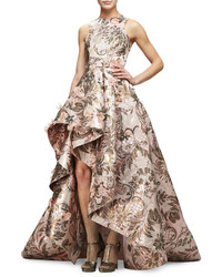 Monique Lhuillier Sleeveless Metallic Tapestry High Low Gown Blush