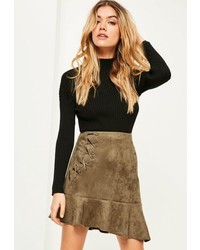 Missguided Khaki Faux Suede Frill Hem Eyelet Detail Mini Skirt