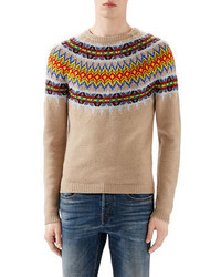 Gucci Camel Multi Jacquard Crewneck Sweater