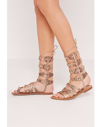 Missguided Laser Cut Lace Up Flat Sandal Nude