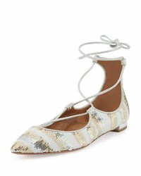 Aquazzura Christy Sequined Lace Up Pointed Toe Flat Beige