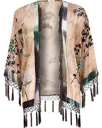 River Island Beige Floral Print Fringed Kimono