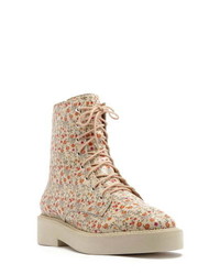 Tan Floral Leather Lace-up Flat Boots