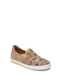 Tan Floral Leather Slip-on Sneakers
