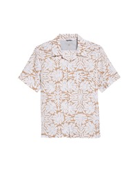 Eleventy Floral Short Sleeve Linen Cotton Button Up Camp Shirt In Camel At Nordstrom