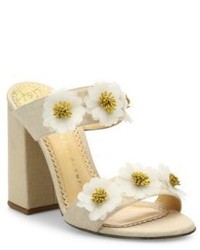 Charlotte Olympia Rosette Floral Embroidered Linen Block Heel Mules