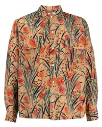 Tan Floral Silk Long Sleeve Shirt