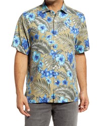 Tan Floral Silk Short Sleeve Shirt