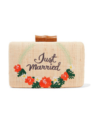 Kayu Just Married Embroidered Woven Straw Clutch
