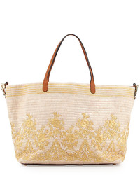 Tan Floral Straw Tote Bag