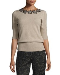 Etro Floral Neck Half Sleeve Sweater Oatmeal