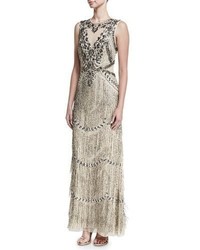 Tan Fringe Beaded Evening Dress