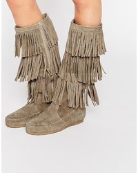 Tan Fringe Leather Knee High Boots