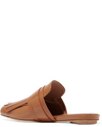 Marni Fringed Glossed Leather Slippers Tan