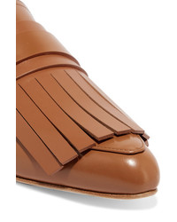Marni Fringed Glossed Leather Slippers Tan