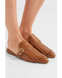 Marni Fringed Glossed Leather Slippers Tan